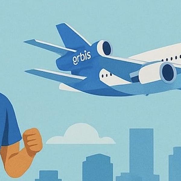 image of a runner and an airplane with Orbis written on it